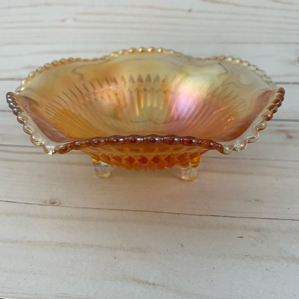 Vtg Jeanette Marigold Carnival Glass Anniversary Pattern Footed Bowl Candy Dish